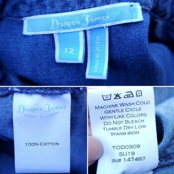 Draper James Blue Cotton Denim Chambray Button Down Top Roll Tab Sleeves Sz 12 - Picture 10 of 10